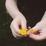 Barnhänder som håller i små blommor.